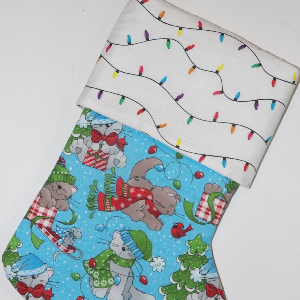Cats with Santa Hats 14" Hand Crafted Christmas Stocking Silver Cord to Hang End
